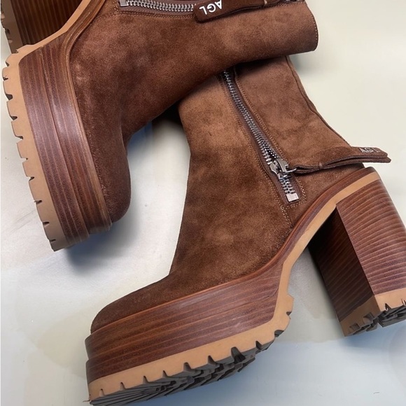 AGL MADE IN ITALY LEATHER SUEDE Brown Heeled Boots with Chunky Platform - Picture 2 of 8